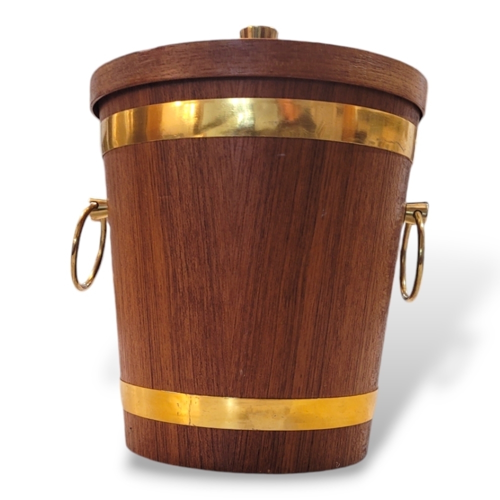 1960s Teak Ice Bucket Brass Bands Ring Handles MCM Barware